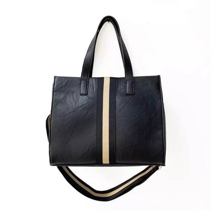 The Drea Striped Vegan Leather Messenger Mini Tote: Brown with Navy Stripe