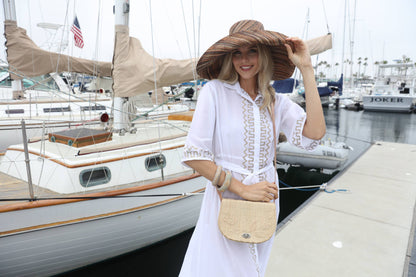 Embroidered Straw Crossbody Bag, Natural with Black