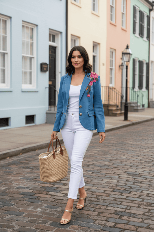 woman wearing a denim and floral embroidered blazer with white jeans walking in a Charleston outdoor setting