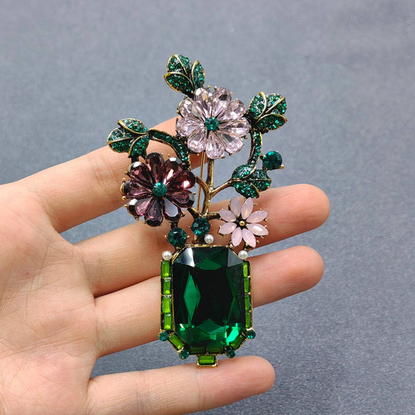 Emerald vase floral brooch with crystal flowers and pearl accents by JuJu Loves