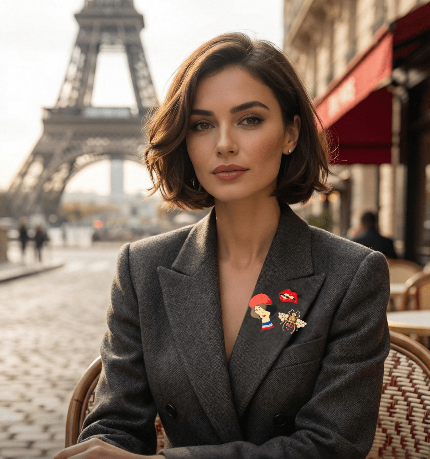 A woman in a grey blazer with set of 3 parisian themed brooches sitting at a cafe with the Eiffel tower in the background