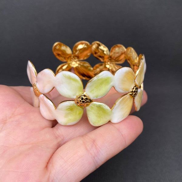 Gold enamel flower cuff bracelet with floral details — JuJu Loves