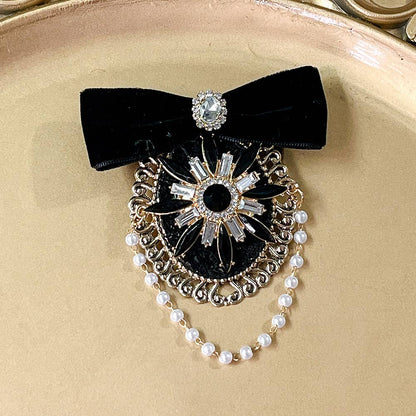 Elegant Black Bow Pearl & Crystal Decorated Brooch: A
