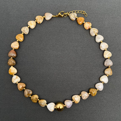 Heart Agate 18K Golden S.Steel Bead Necklace - FGS/CS