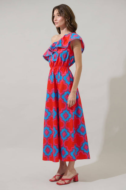One Shoulder Maxi Dress - Red and Blue