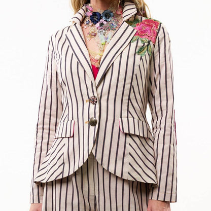 Floral Embellished Blazer, Black & Cream Stripe