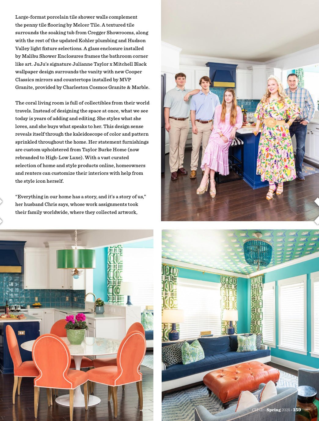 magazine feature including woman wearing fruit and floral print skirt and matching top in an indoor setting.