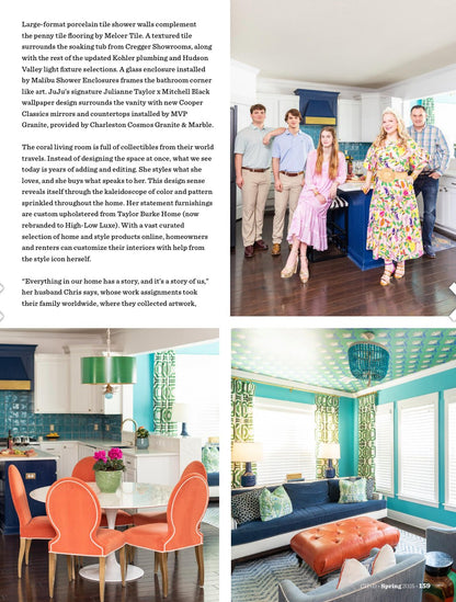 magazine feature including woman wearing fruit and floral print skirt and matching top in an indoor setting.