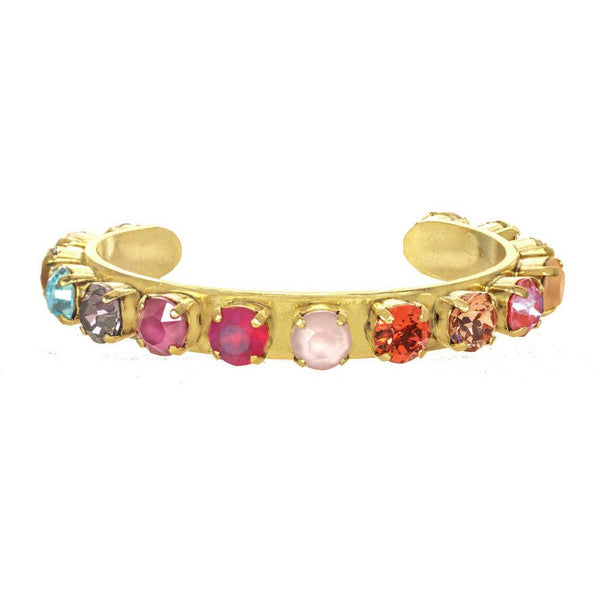 Rainbow ombré crystal cuff bracelet with gradient blue purple pink coral orange crystals in gold setting