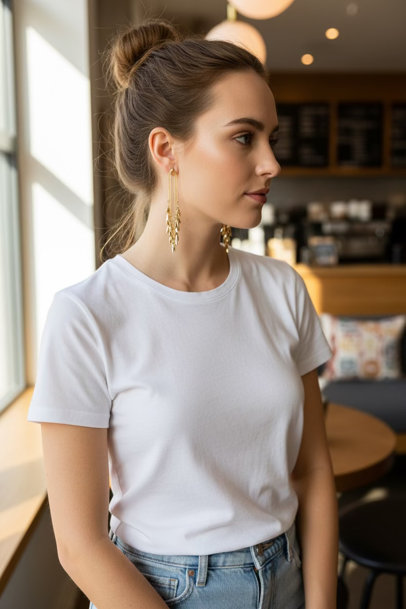 Woman wearing a white t-shirt and blue jeans with gold fringe earrings in a casual cafe setting