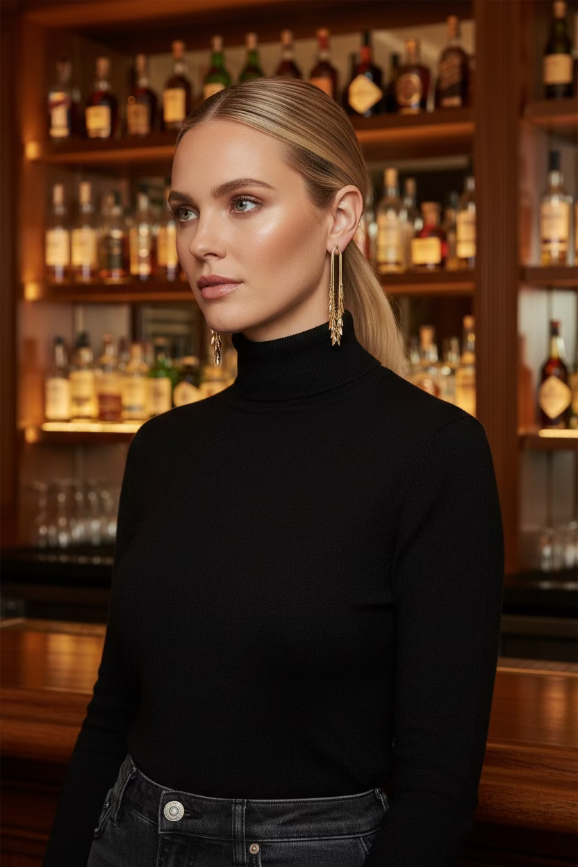 woman wearing a black turtleneck and dark grey jeans and gold fringe earrings in a luxury bar setting