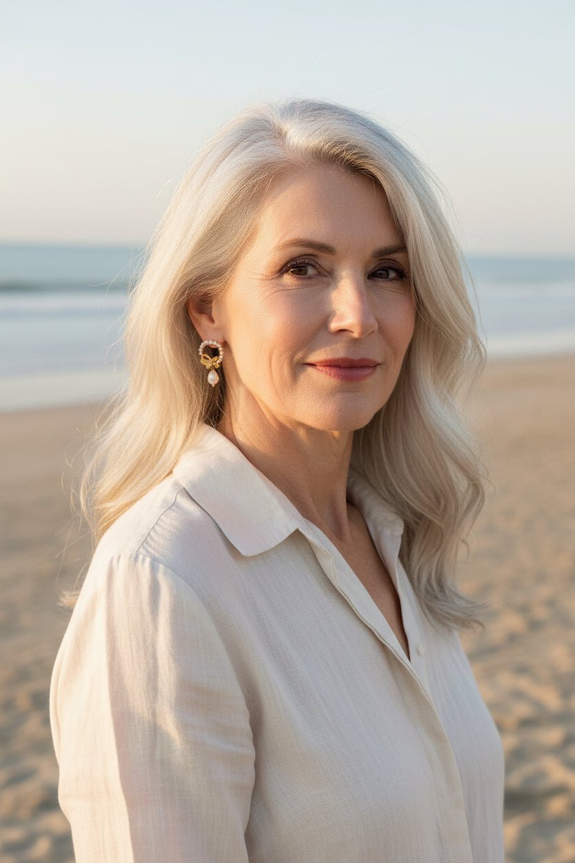 a woman with silver hair wearing gold bow pearl wreath earrings on the beach with the ocean in the background