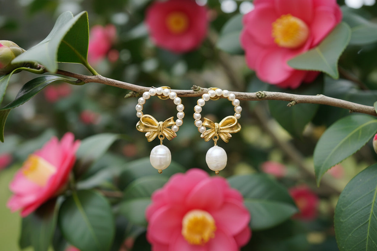 Pearl earrings with gold bows on a white stand