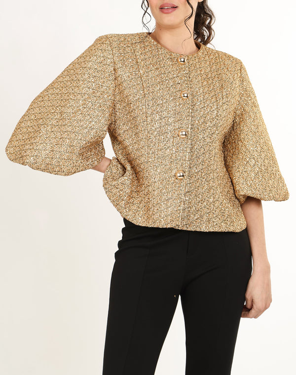 Gold tweed puff sleeve cropped jacket with gold dome buttons — JuJu Loves