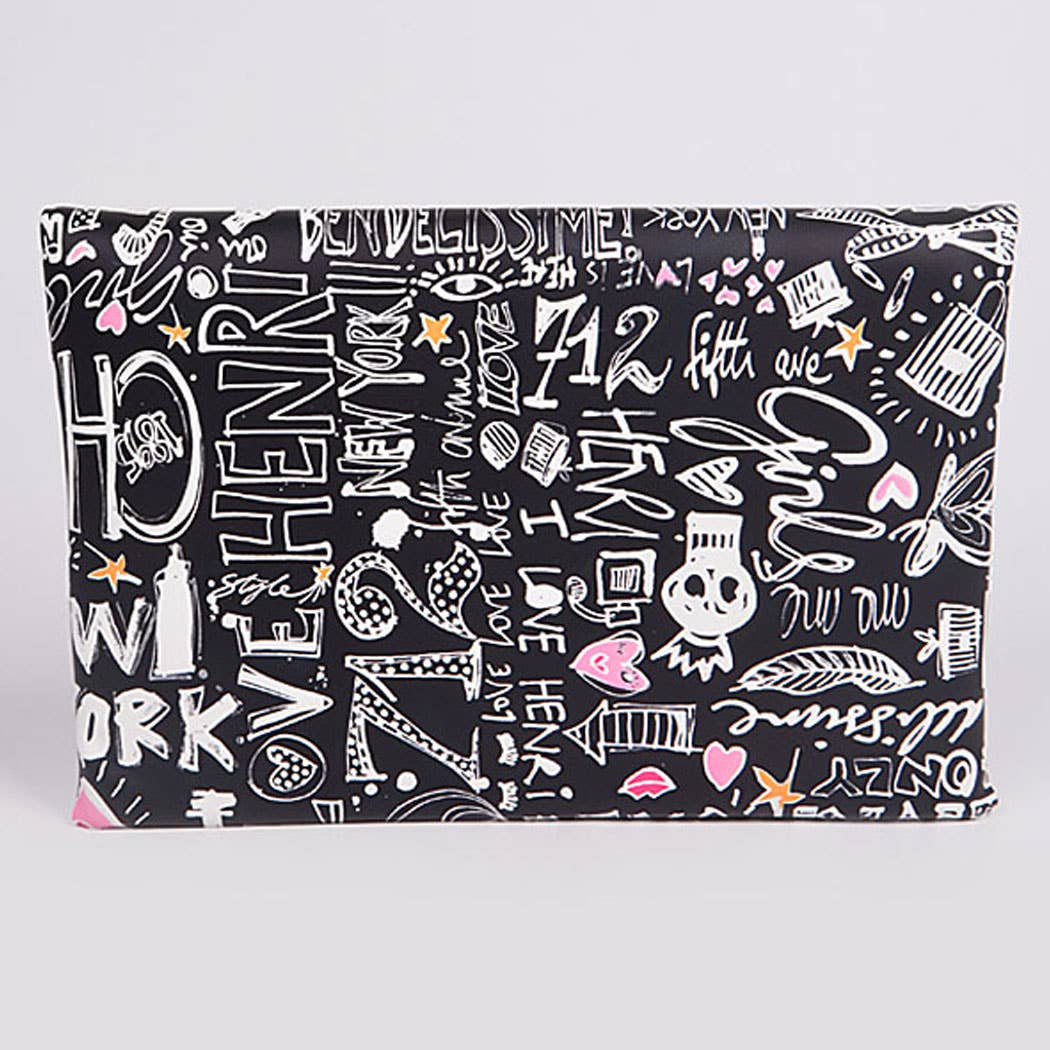 Graffiti print envelope clutch  — back view showing colorful doodle print on black background