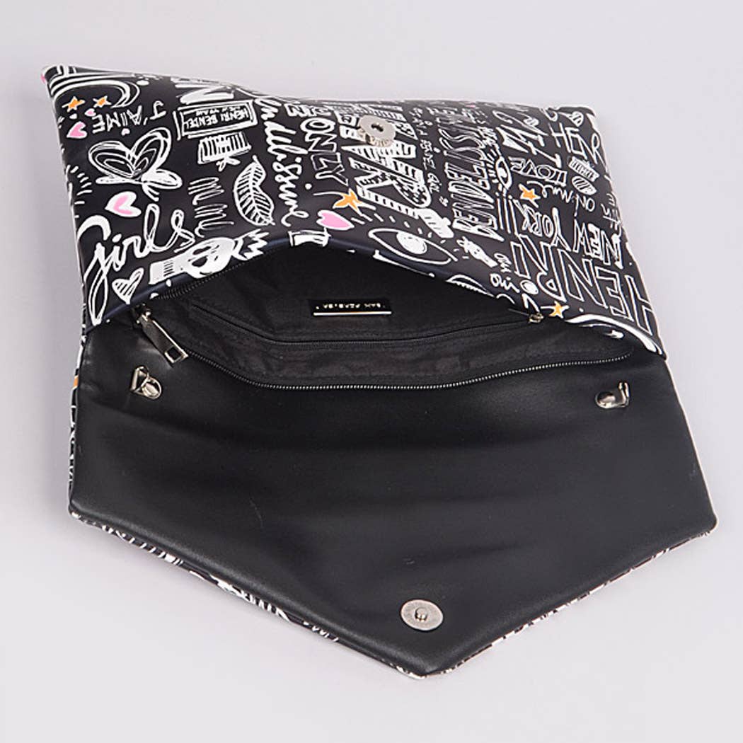 Graffiti print clutch — open view showing interior and size