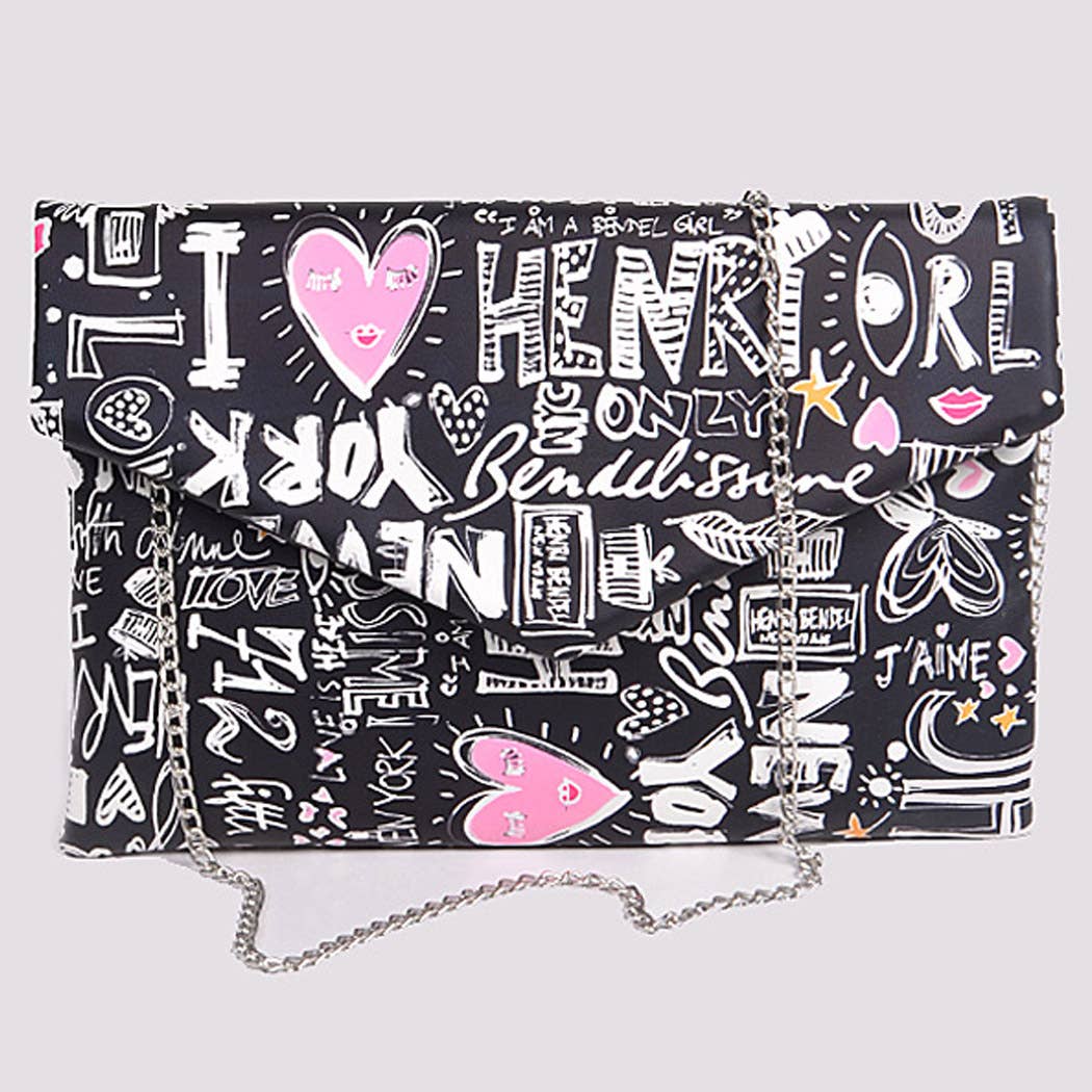 Graffiti print envelope clutch with chain strap — front view showing colorful doodle print on black background