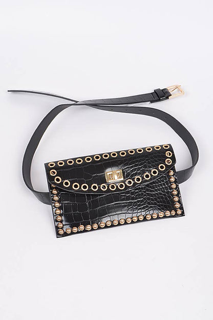 black croc embossed faux leather waist bag with gold stud detailing showing leather strap detail against a white background