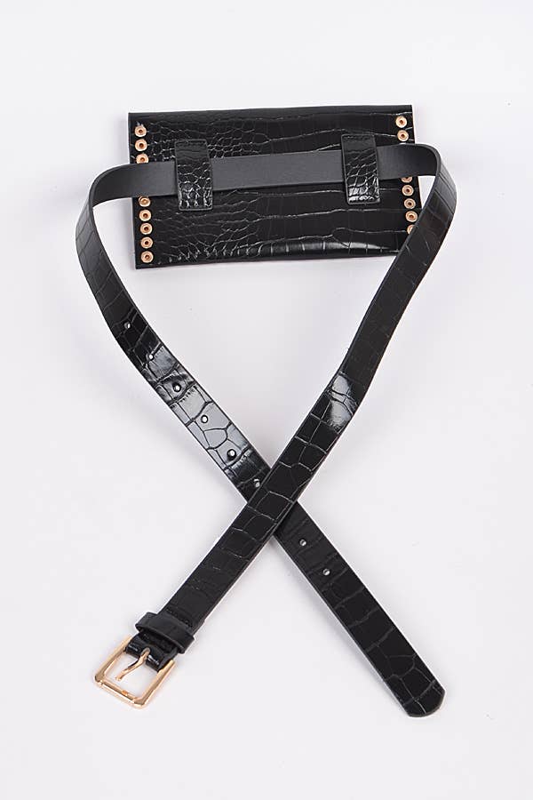 back view of black croc embossed faux leather waist bag showing removable leather strap against a white background