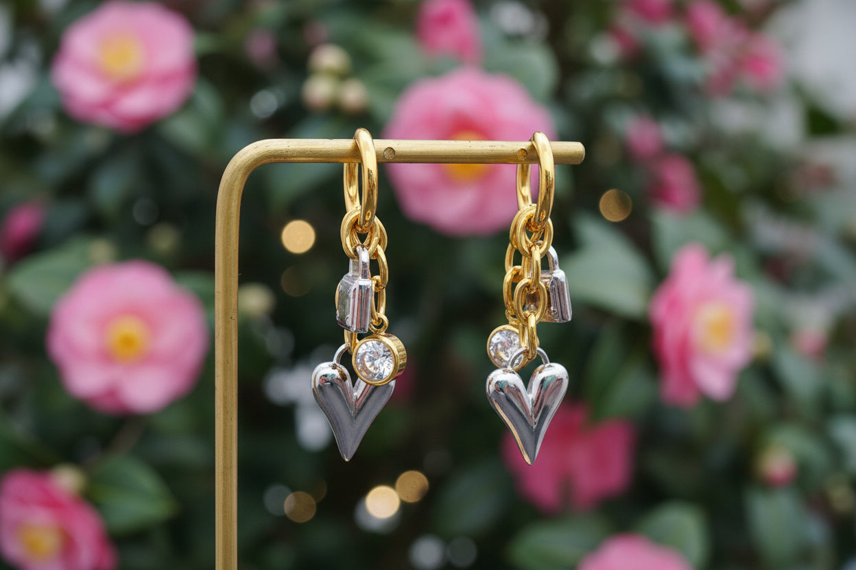 Gold Heart and Lock Dangle Earrings | 18K Gold Plated Stainless