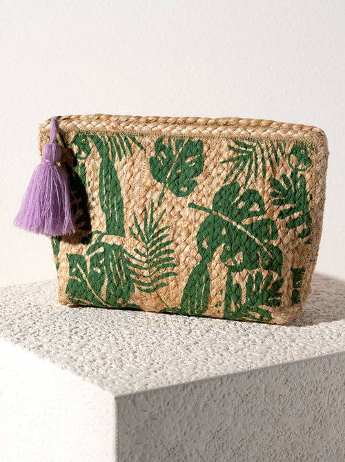 jute palm print zip pouch clutch with purple tassel resort vacation pool bag