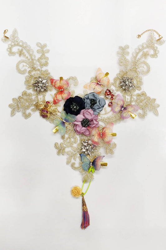 Lace floral bib necklace with crystal embellishments and removable butterfly clips