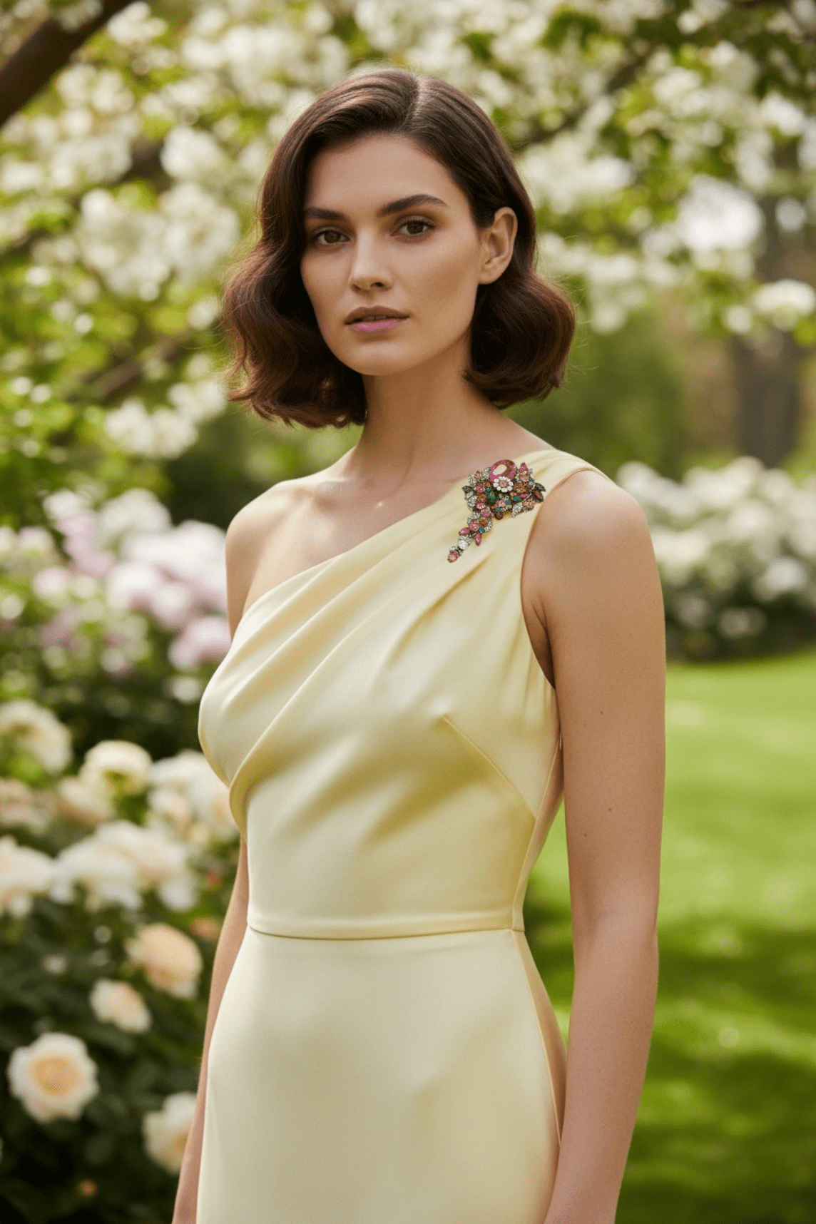 Woman in a light yellow dress with floral brooch standing in a garden.