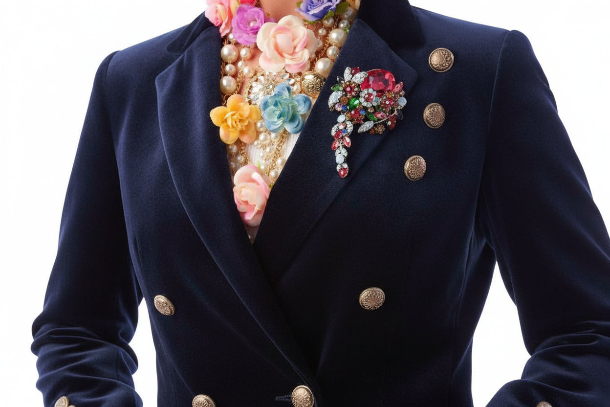 Rainbow crystal cascade brooch pinned on floral blazer showing styling