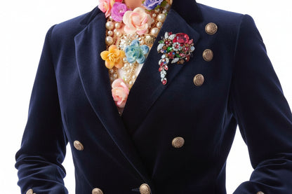 Rainbow crystal cascade brooch pinned on floral blazer showing styling