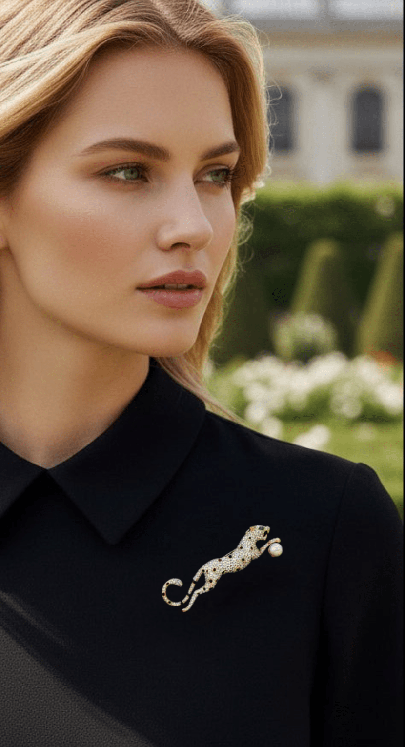 A close-up of a woman wearing a black collared jacket with a gold-toned leopard-shaped brooch adorned with green and white stones and a pearl accent, set against a blurred garden background.