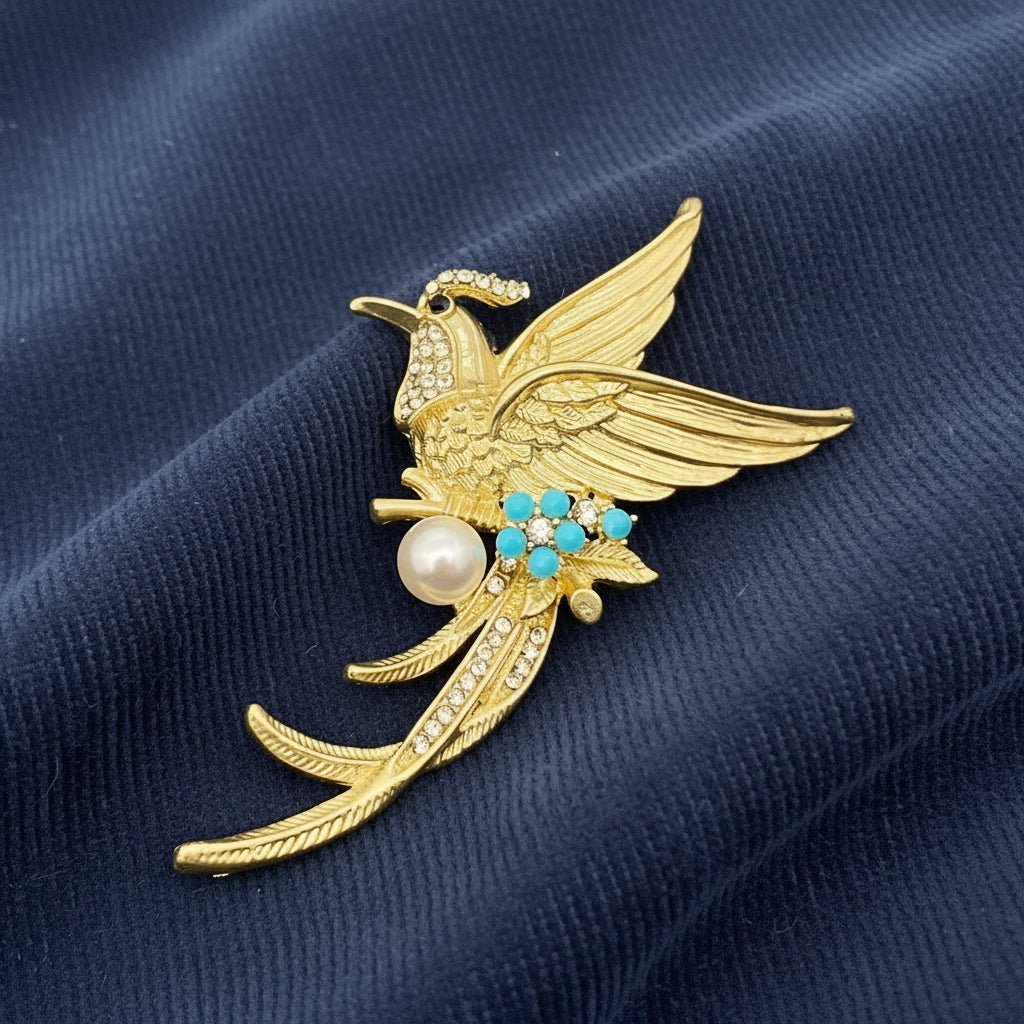 Gold bird-shaped brooch with pearls and turquoise stones on a navy corduroy fabric background