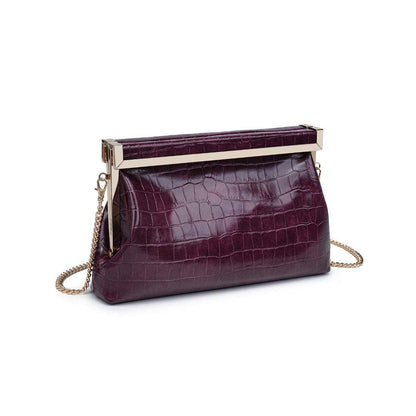 Burgundy crocodile-patterned handbag with a gold chain on a white background