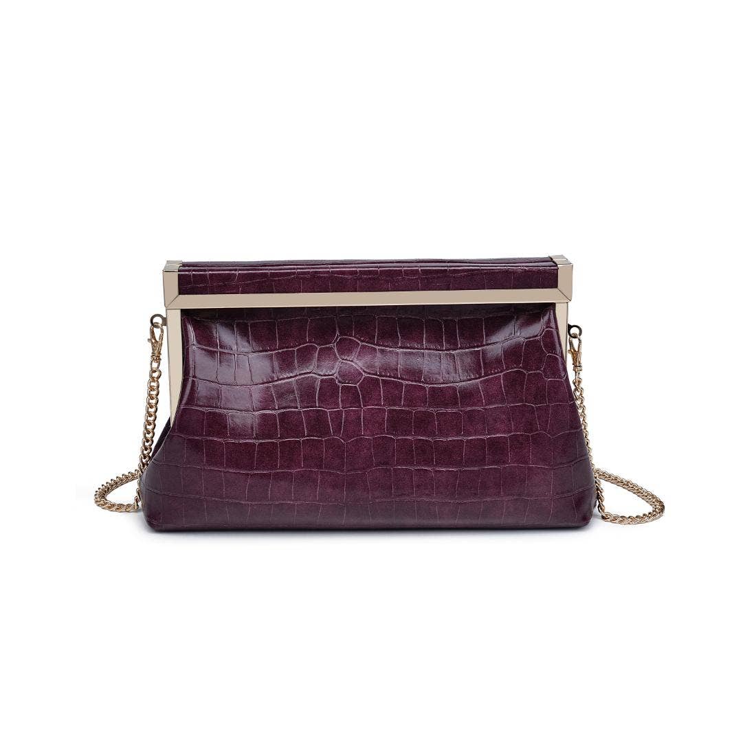 Burgundy crocodile-patterned handbag with a gold chain on a white background