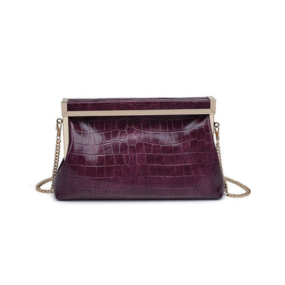 Burgundy crocodile-patterned handbag with a gold chain on a white background