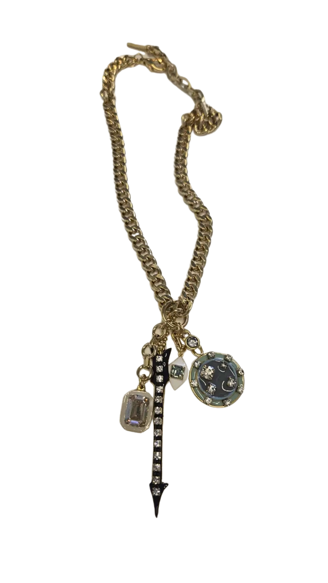 Necklace with arrow and multi charms on a white background