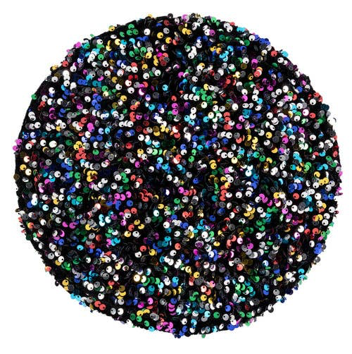 Flat lay top view of multicolor sequin beret showing dense rainbow sequin coverage