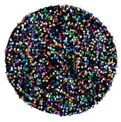 Flat lay top view of multicolor sequin beret showing dense rainbow sequin coverage