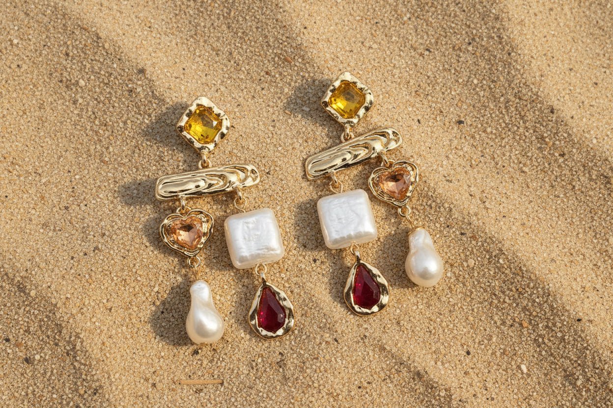 Multi-Stone Pearl Drop Earrings - Sunset