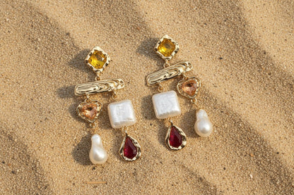 Multi-Stone Pearl Drop Earrings - Sunset