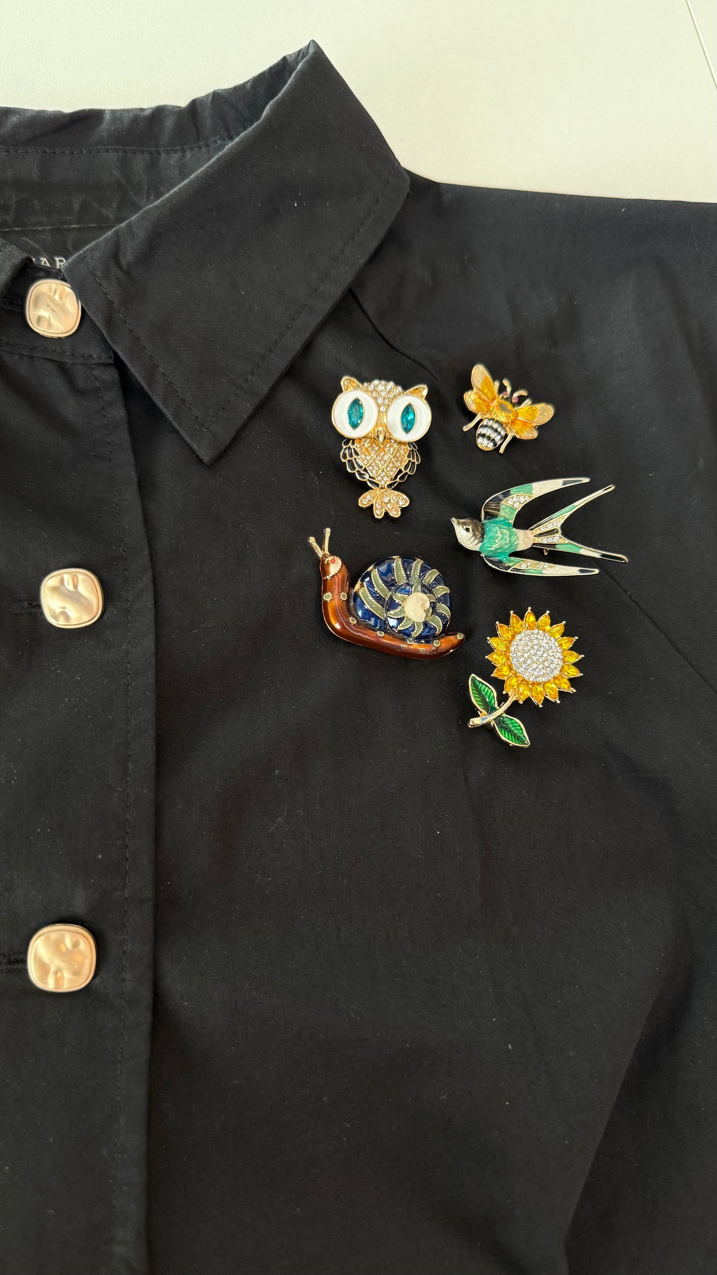 Black shirt with decorative pins including an owl, bee, snail, and sunflower on a white background