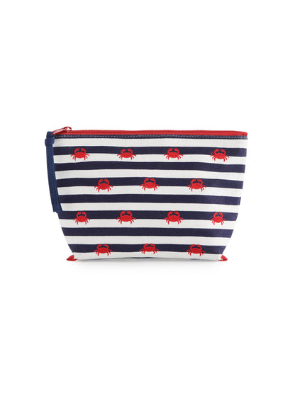 A navy and white striped cosmetic pouch with red crab embroidery and a waterproof liner against a white background