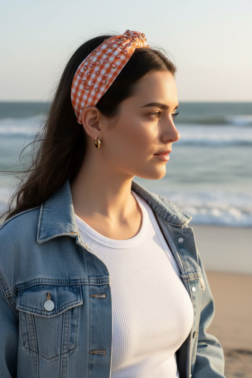 Woman wearing an orange and white gingham headband and denim jacket on a beach with the ocean in the background