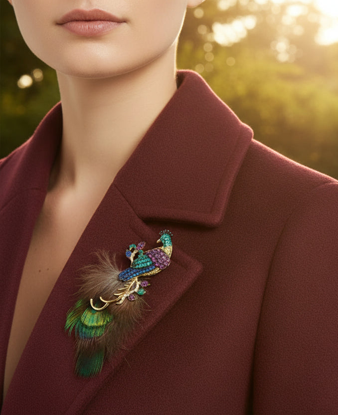 Decorative peacock feather brooch with gemstones on a model wearing a burgundy coat in an outdoor setting