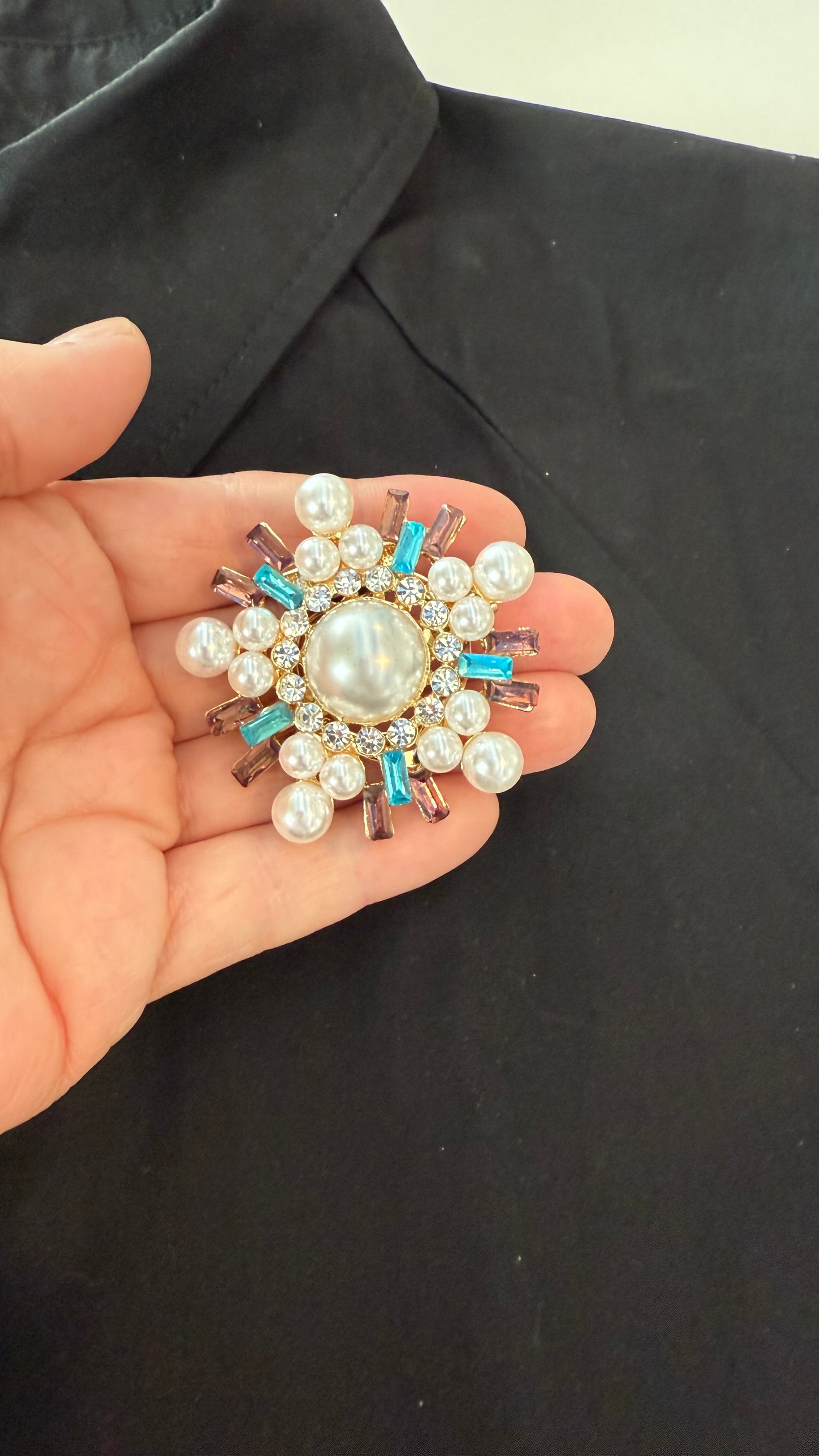 Pearl snowflake brooch with turquoise and bronze crystal accents
