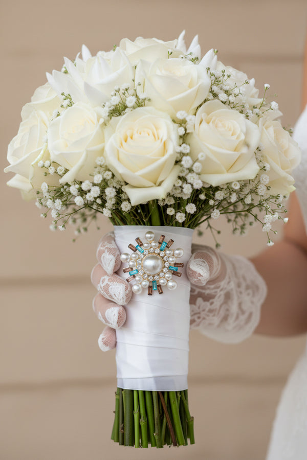 Pearl snowflake brooch with turquoise and bronze crystals — JuJu Loves