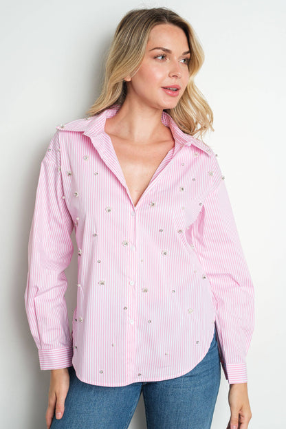Pink rhinestone bead embellished button blouse 