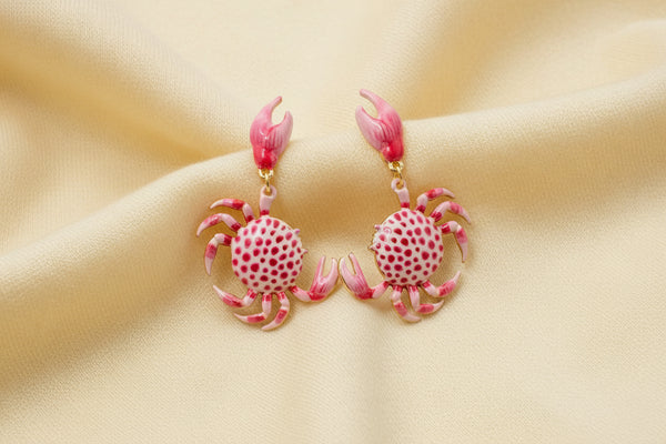 pink and white enamel crab dangle earrings coastal whimsical statement jewelry