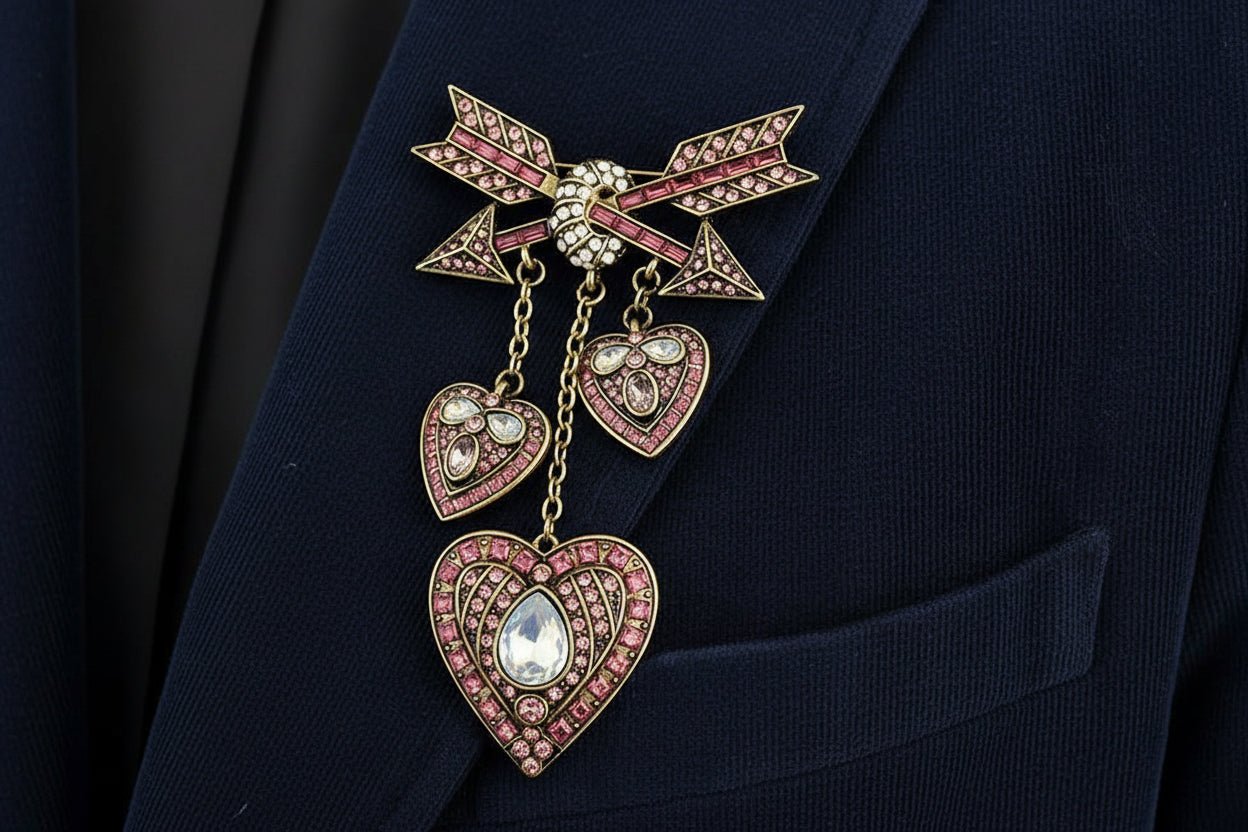 Decorative heart and arrows shaped brooch with pink gemstones on a navy corduroy blazer lapel