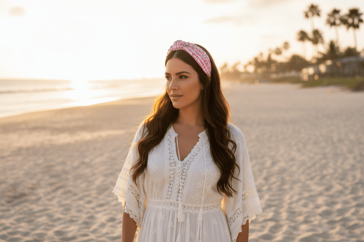 woman wearing a white dress with a pink gingham and crystal embellished headband on the beach