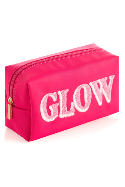 Pink pouch with 'GLOW' text on a white background